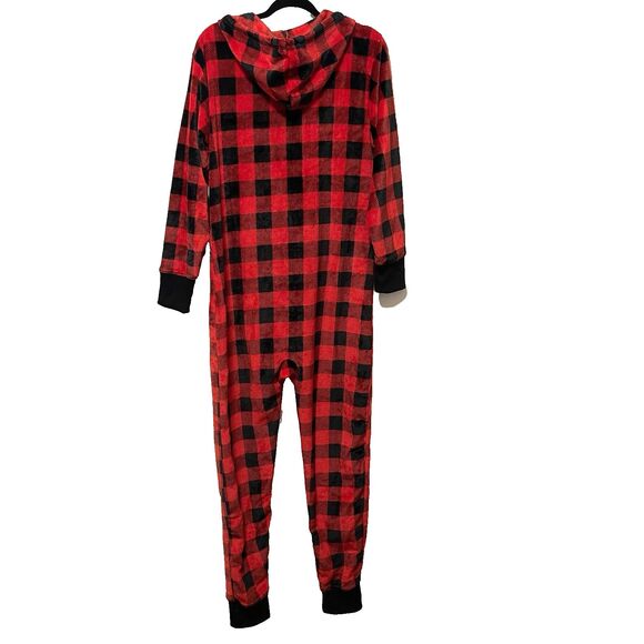 Little Blue House Pajamas Mens Womens Small Black Red Plaid One Piece Hooded Zip - Picture 2 of 5